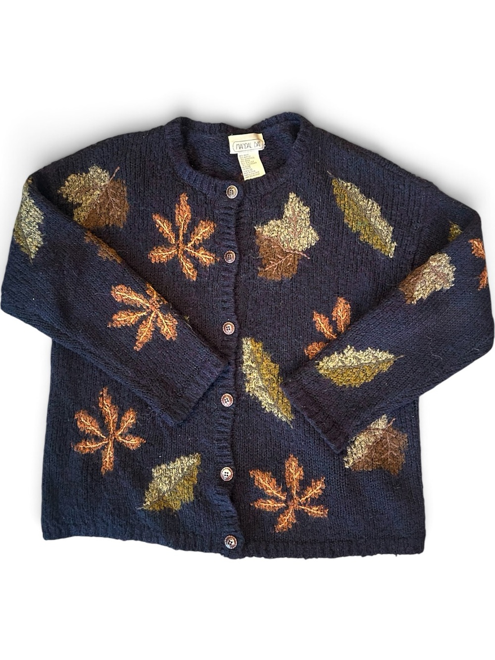 Mandal Bay Vintage Hand-Knit Navy Leaf Cardigan Comfy for Fall